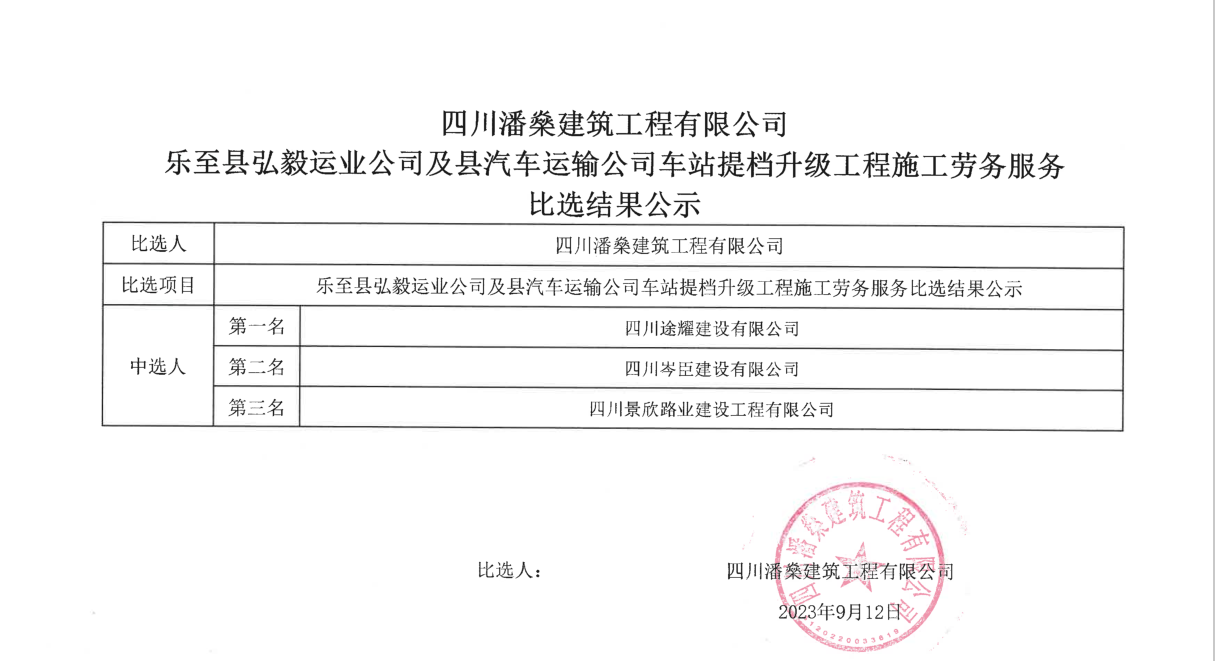 乐至县弘毅运业公司及县汽车运输公司车站提档升级工程施工劳务服务比选结果公示