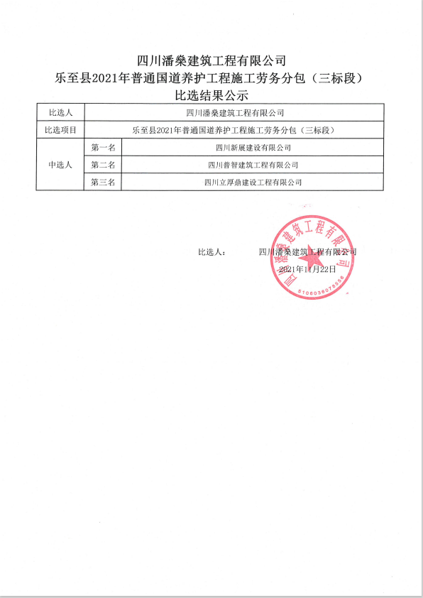 乐至县2021年普通国道养护工程施工劳务分包（三标段）比选结果公示  11-22