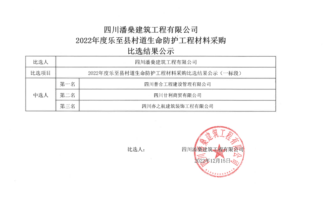 2022年度乐至县村道生命防护工程材料采购（一标段）比选结果公示12-15