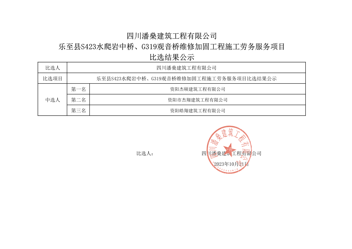 乐至县S423水爬岩中桥、G319观音桥维修加固工程施工劳务服务比选结果公示_1