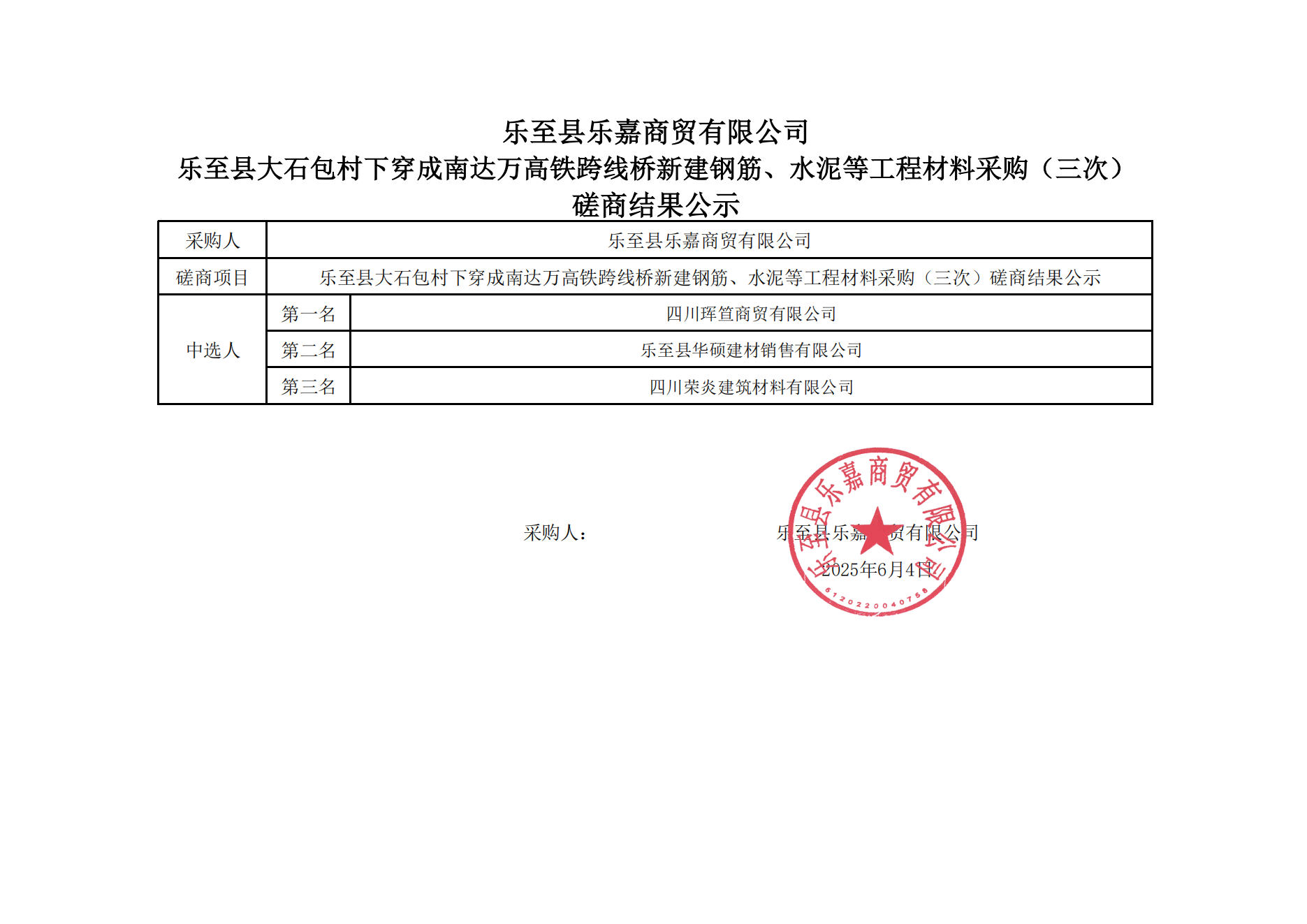 乐至县大石包村下穿成南达万高铁跨线桥新建工程材料采购磋商结果公示_00
